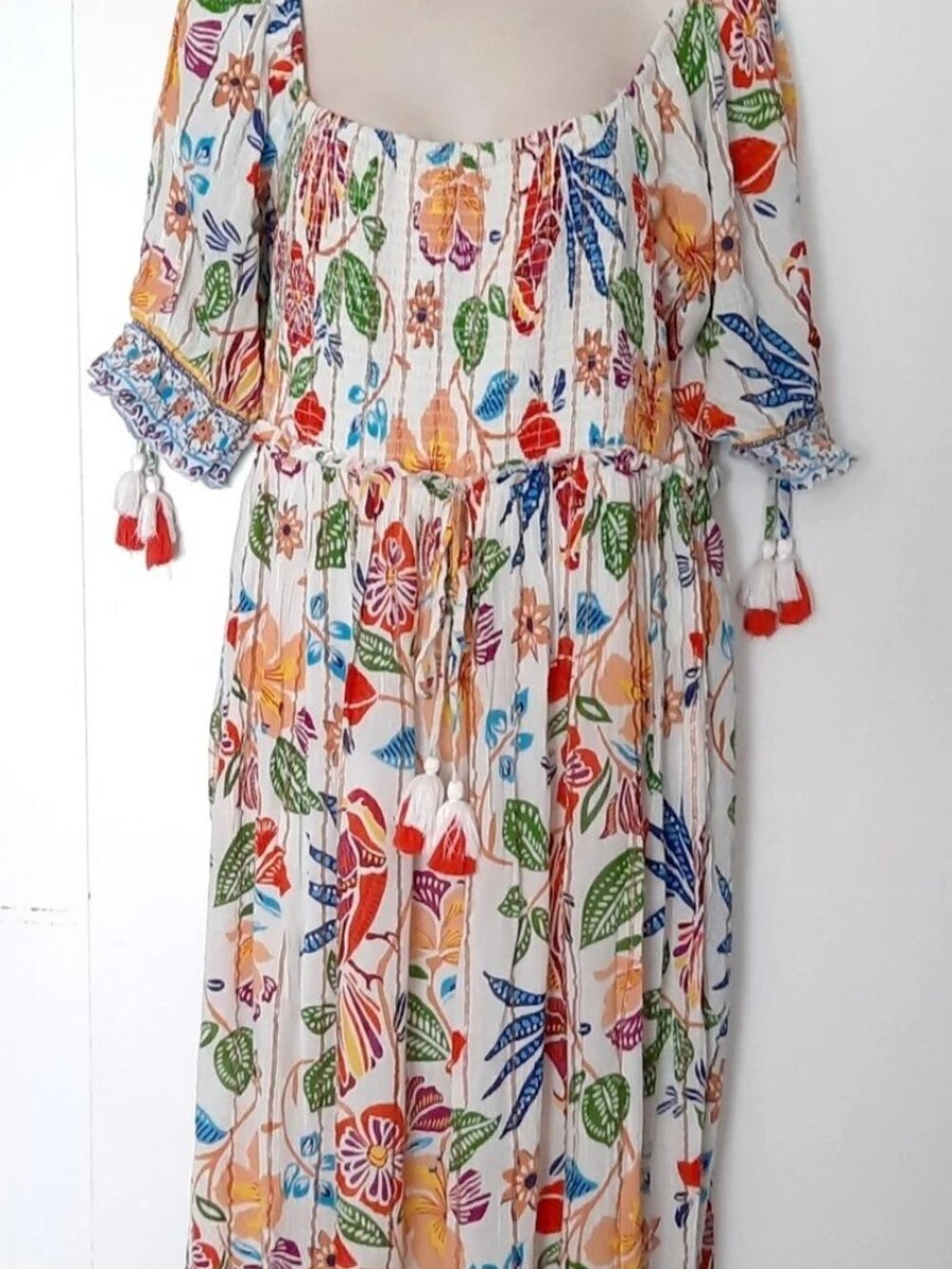 Me 2 Magic Tassels Gold Stripe Floral Print Boho Maxi Tiered Dress Size XL NWT